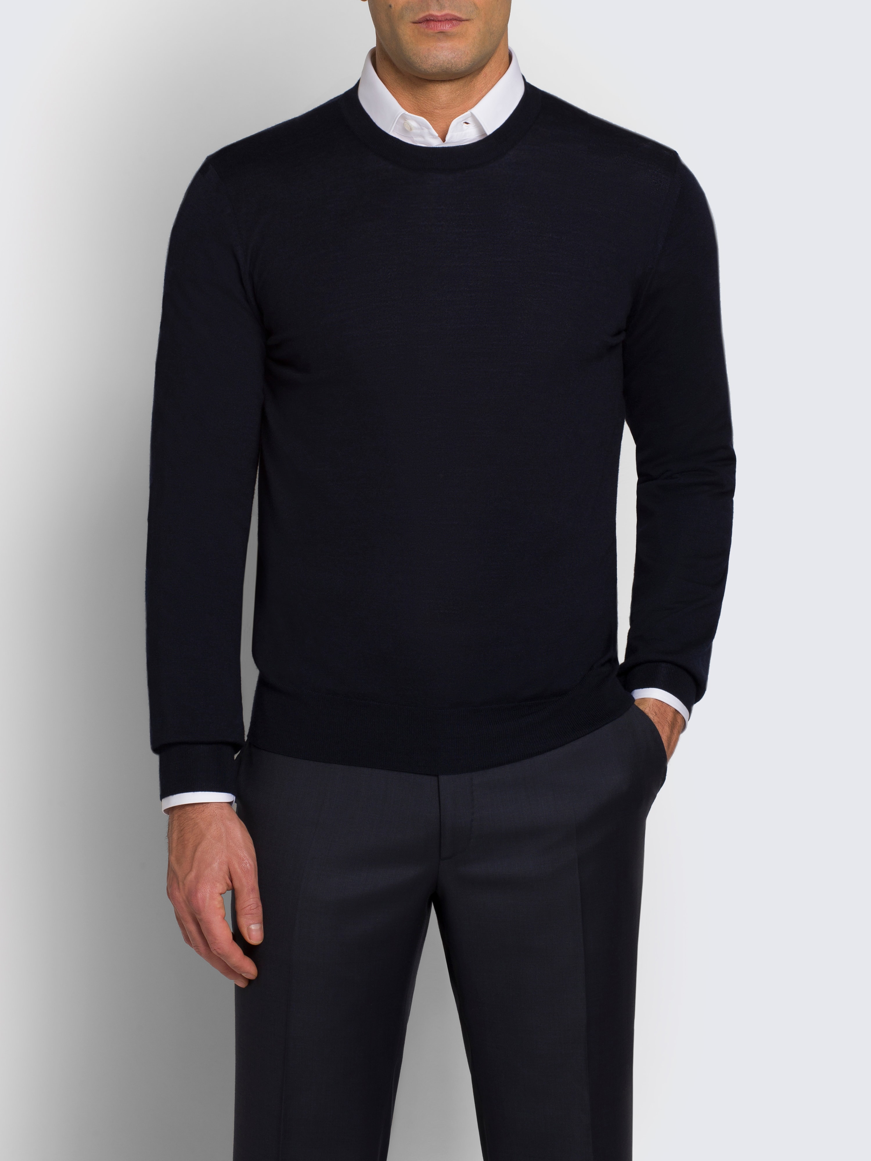Essential navy blue wool, cashmere and silk crewneck sweater