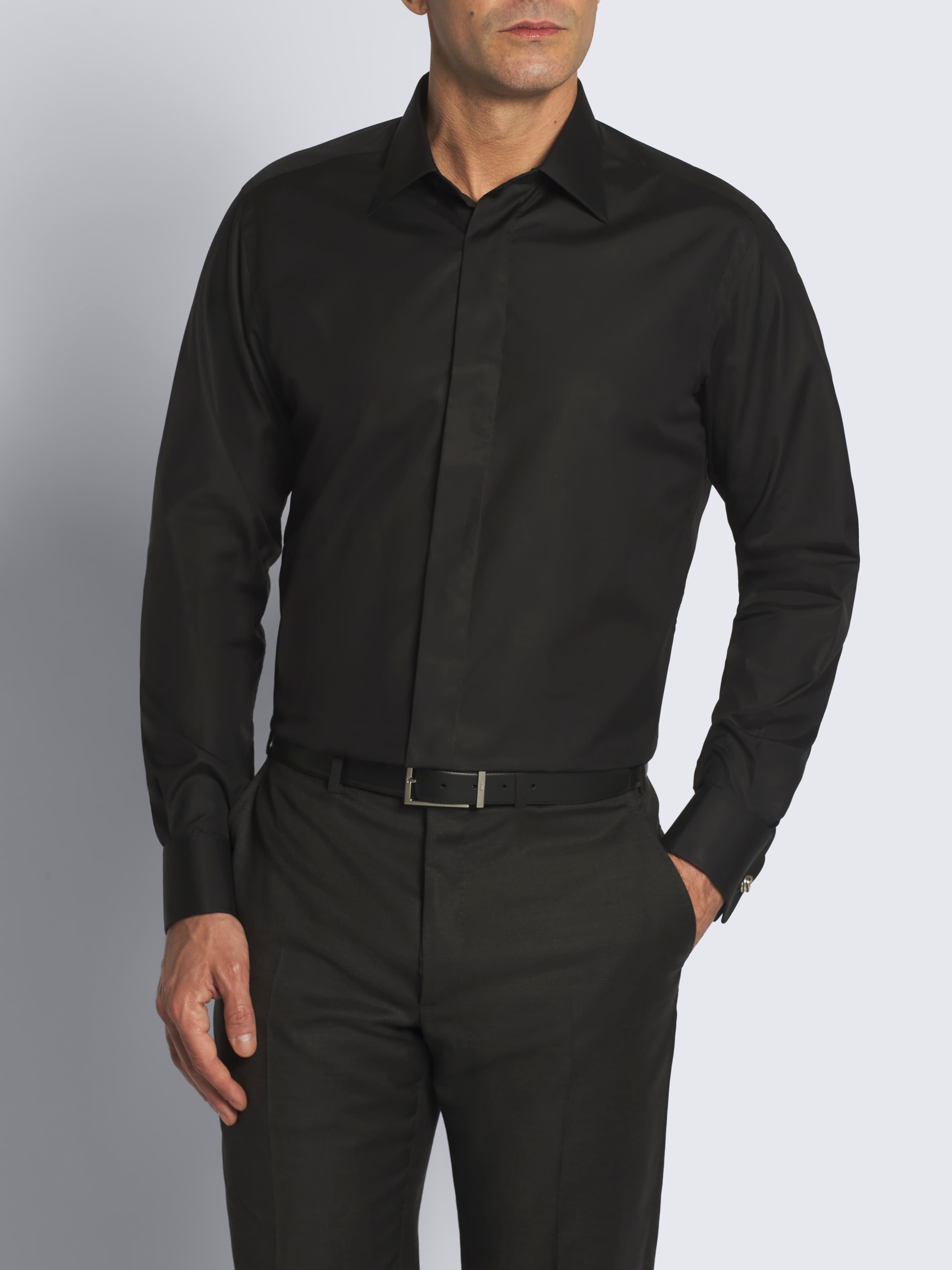 Essential black cotton French cuff evening shirt Essential black cotton French cuff evening shirt