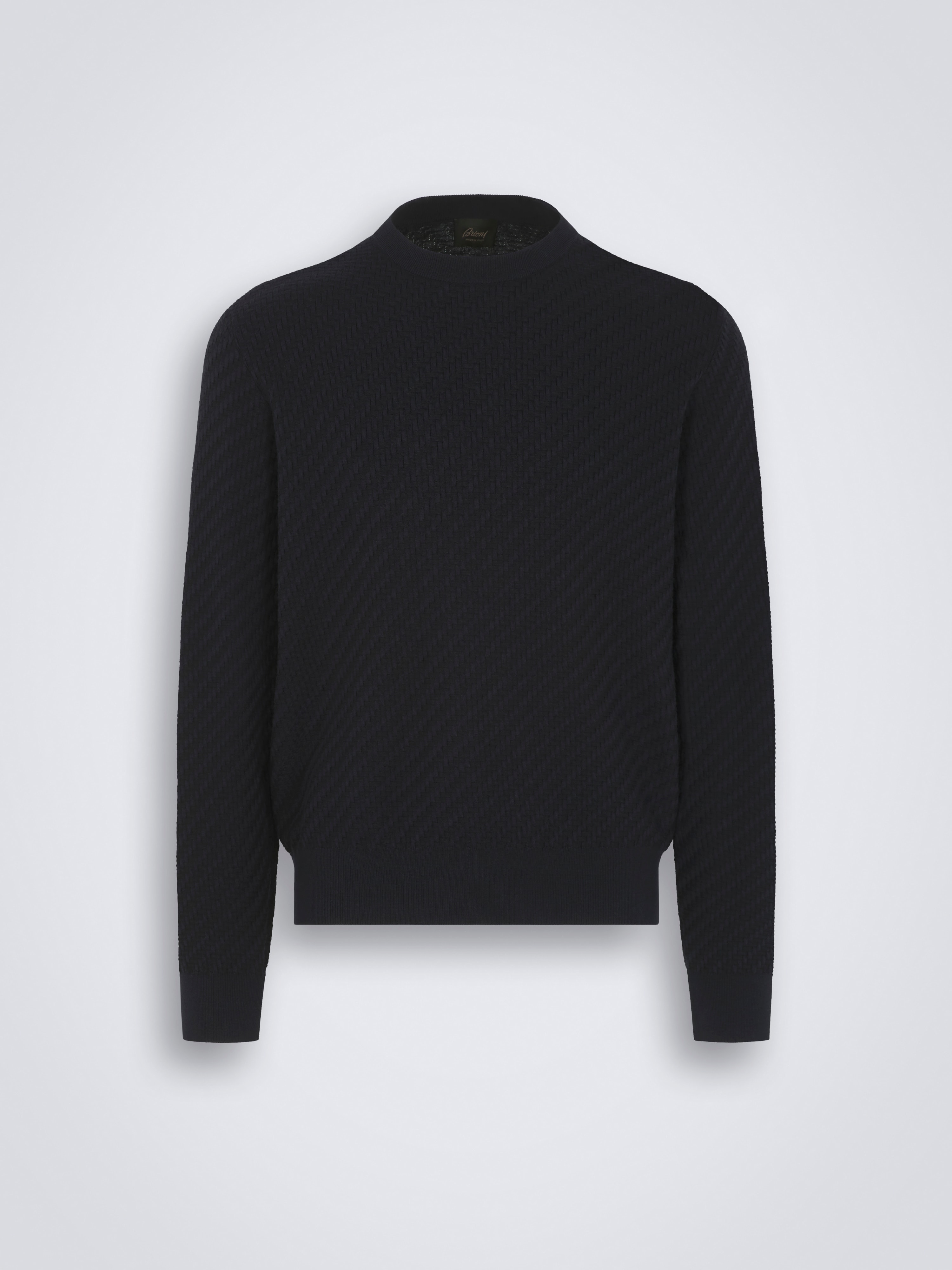 Maglione girocollo blu navy in cashmere, seta e cotone biologico con tessitura Trama