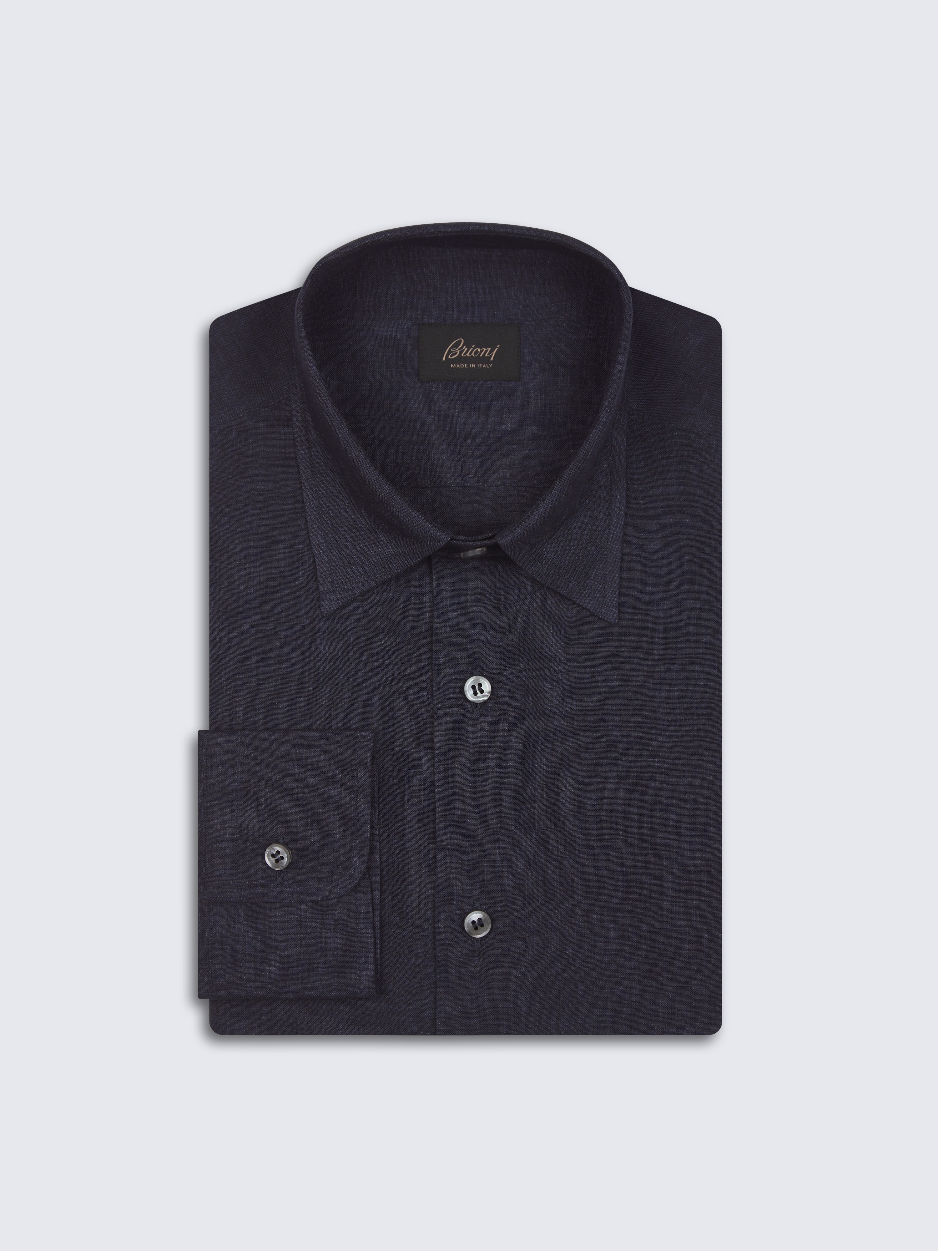 go toMidnight blue linen hidden button-down shirt