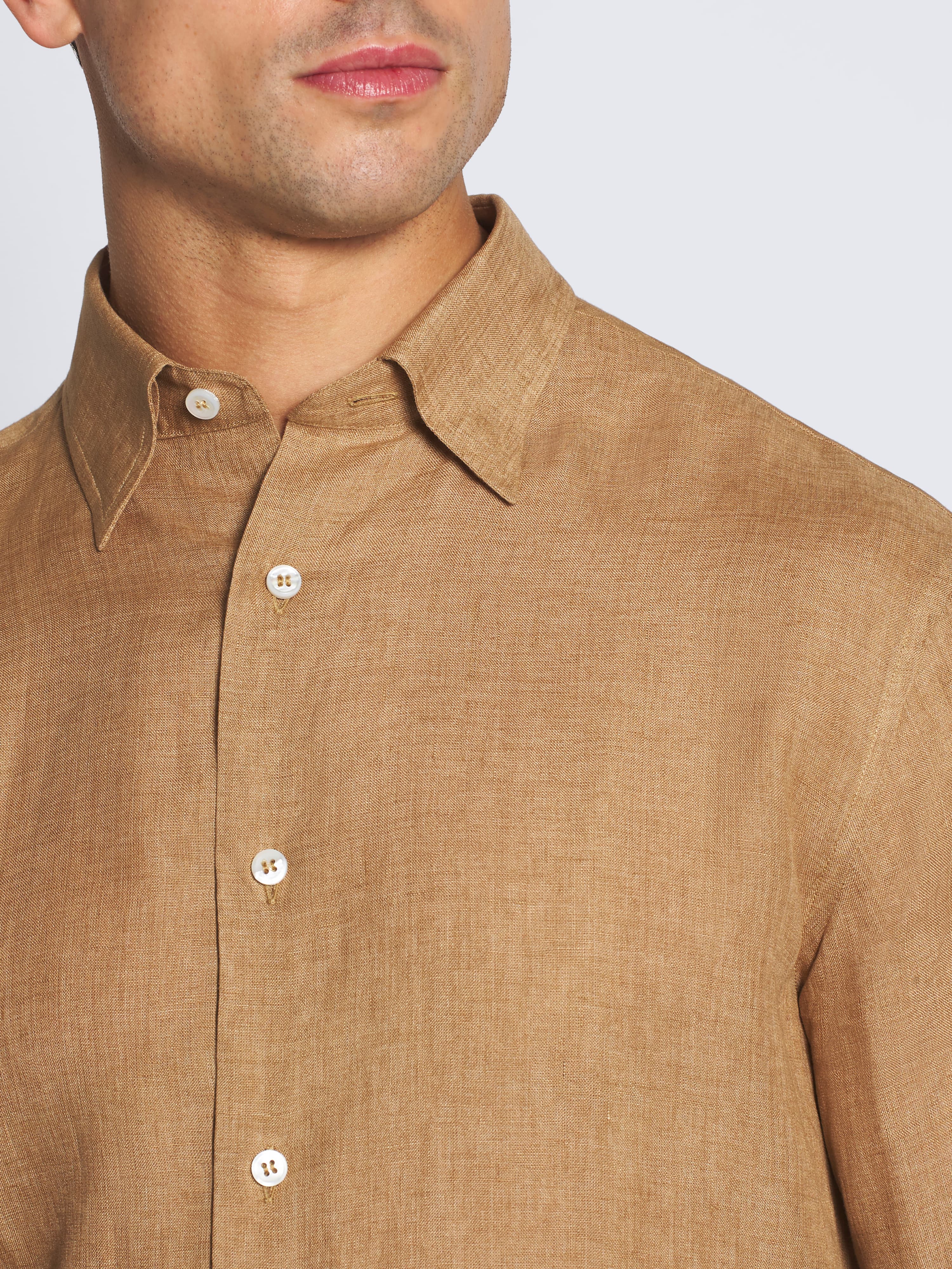 light brown dress shirts Ash & Erie Tan Linen Camp Collar Short Sleeve Shirt for Short Men Tan Linen / XS