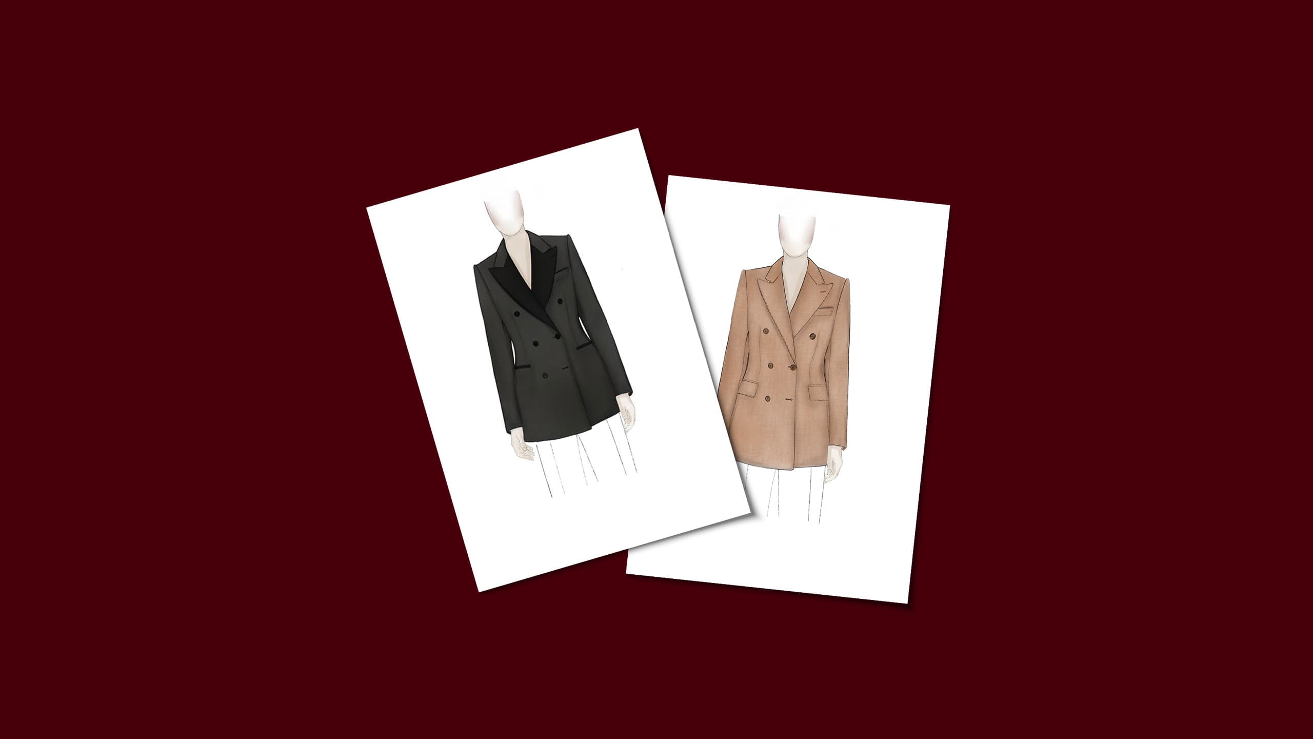 Two overlapping photos on dark red background showing mannequins wearing Brioni double-breasted blazers in dark green and tan.