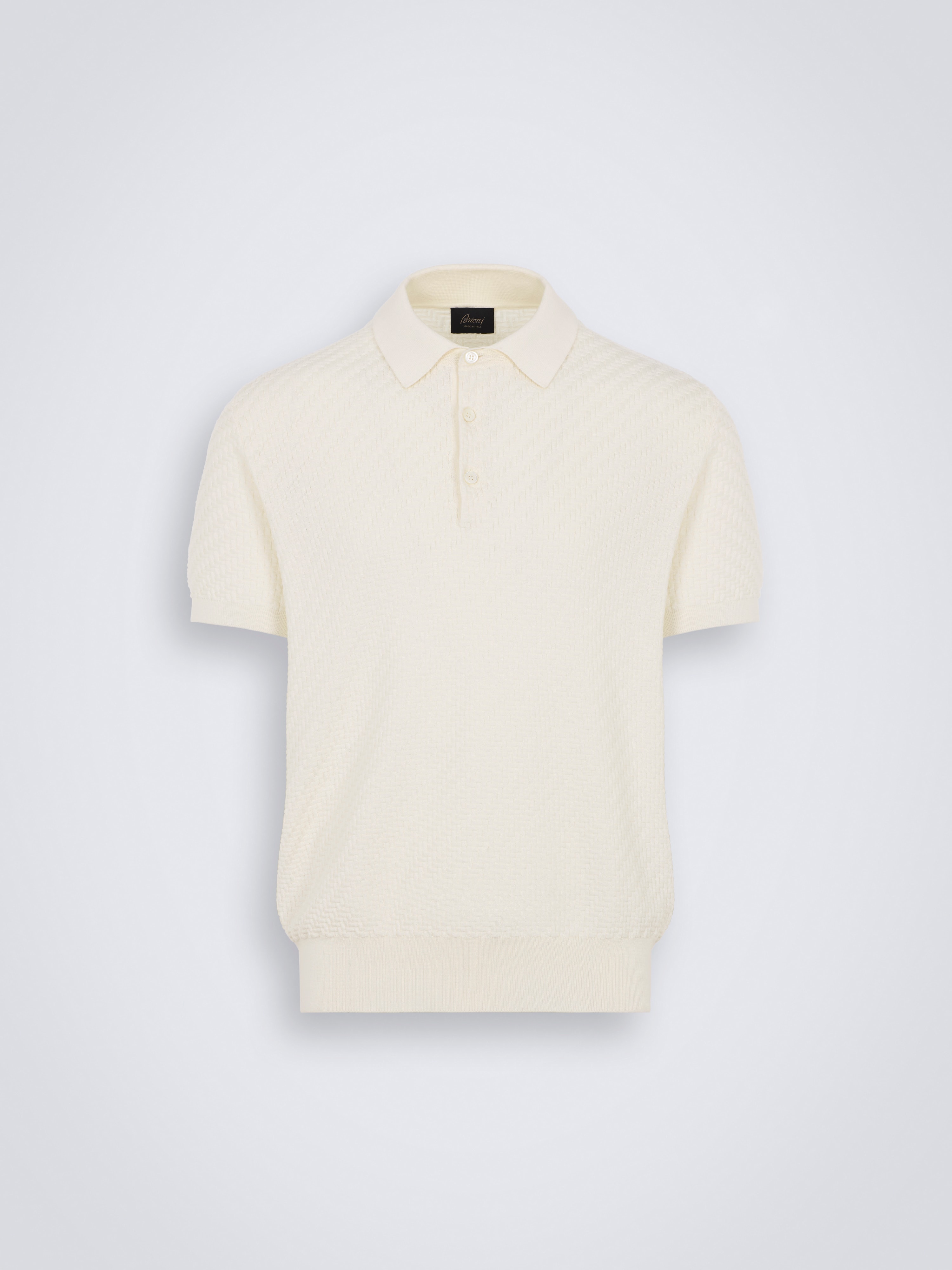 Ivory white organic cotton, silk and cashmere Trama weave polo