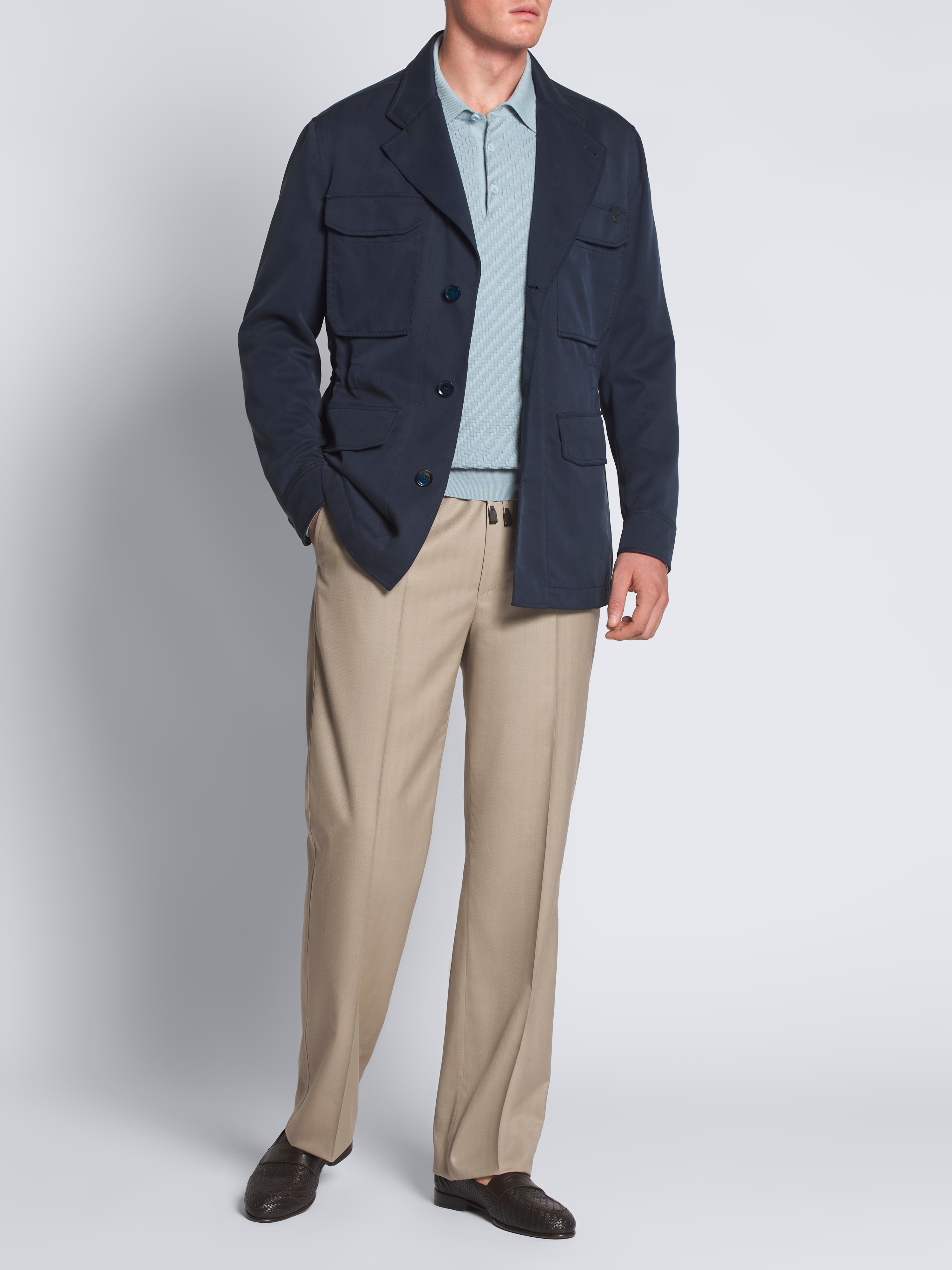 Sky blue cotton, silk and cashmere Trama weave long-sleeved polo