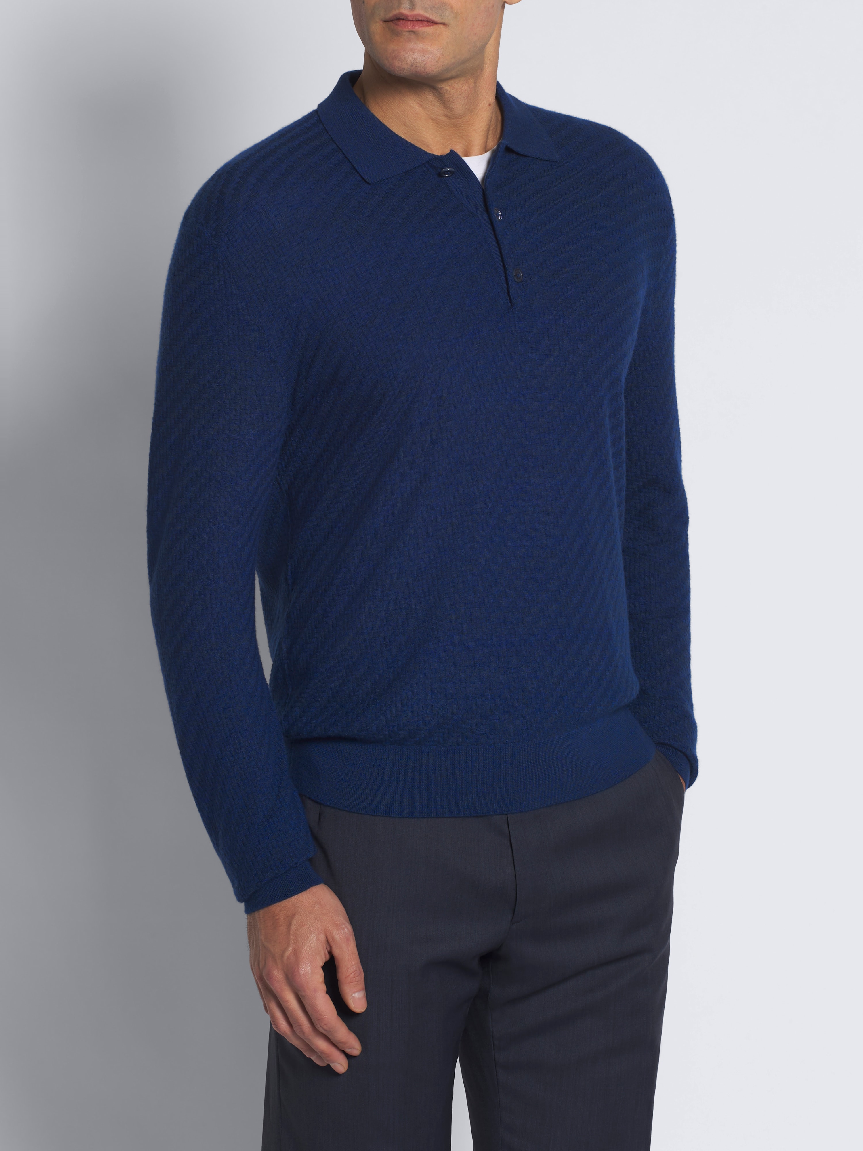 Royal blue vicuña and cashmere Trama weave polo sweater