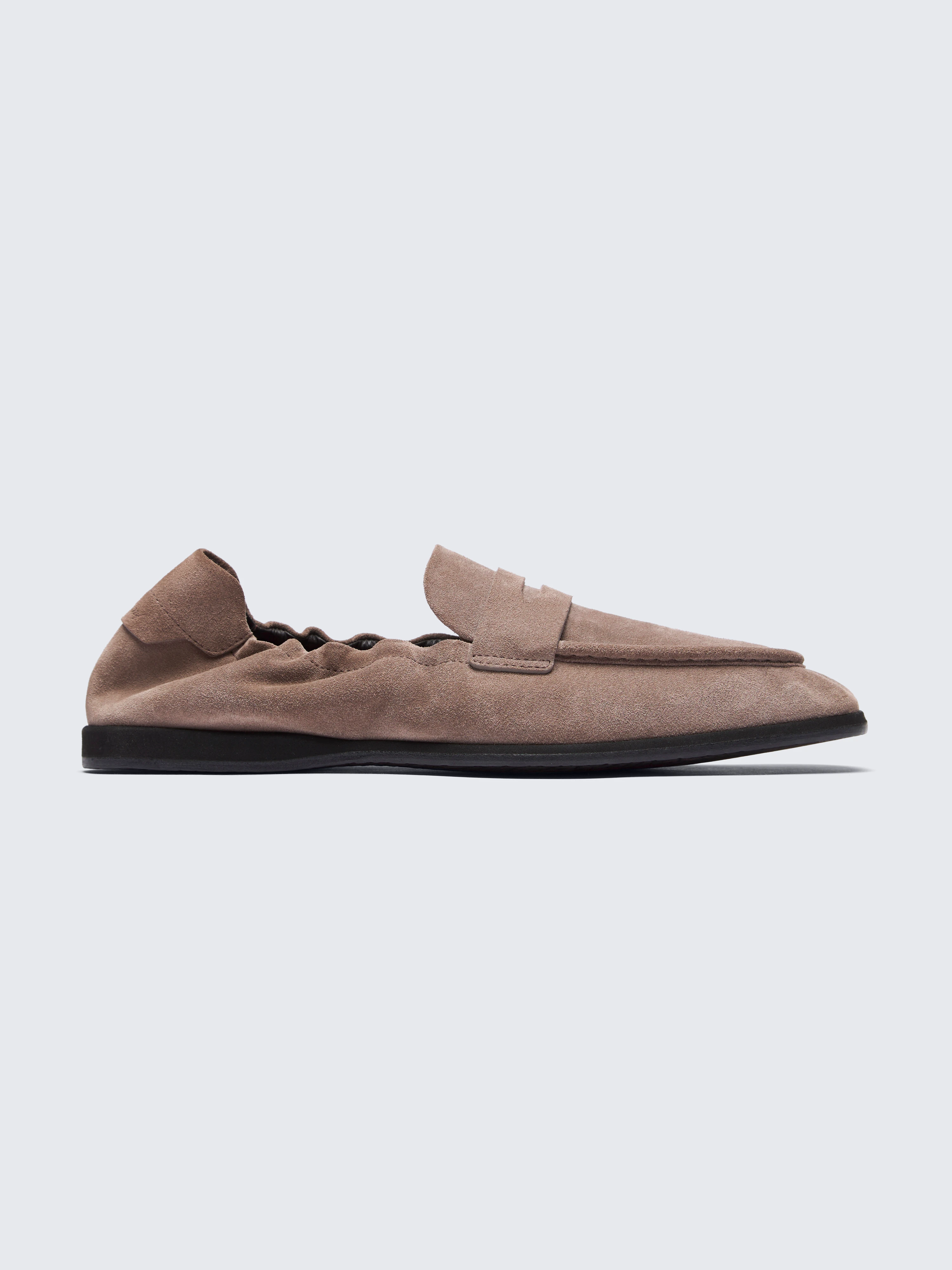 go toTaupe suede penny loafers