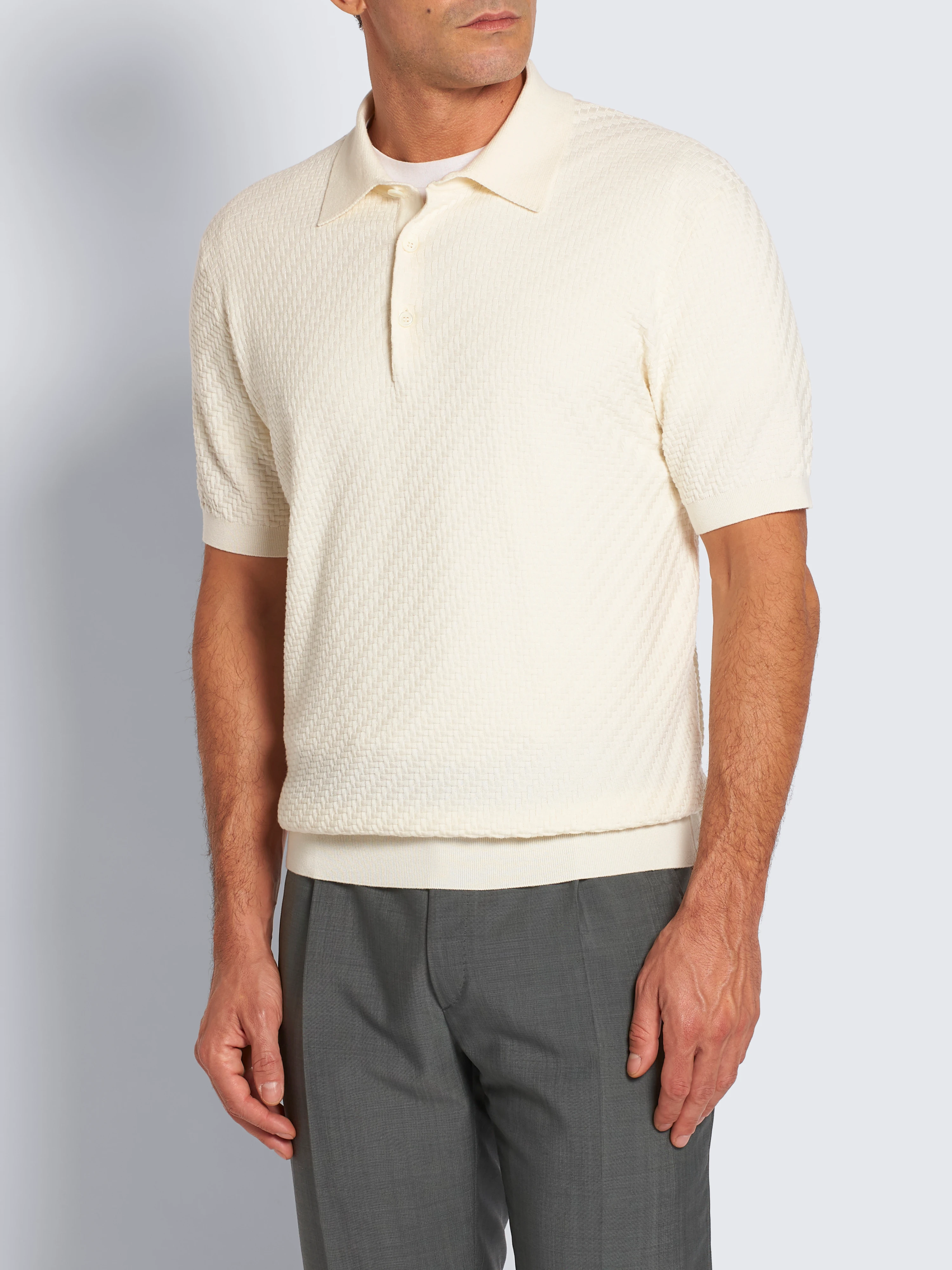 Ivory white organic cotton, silk and cashmere Trama weave polo