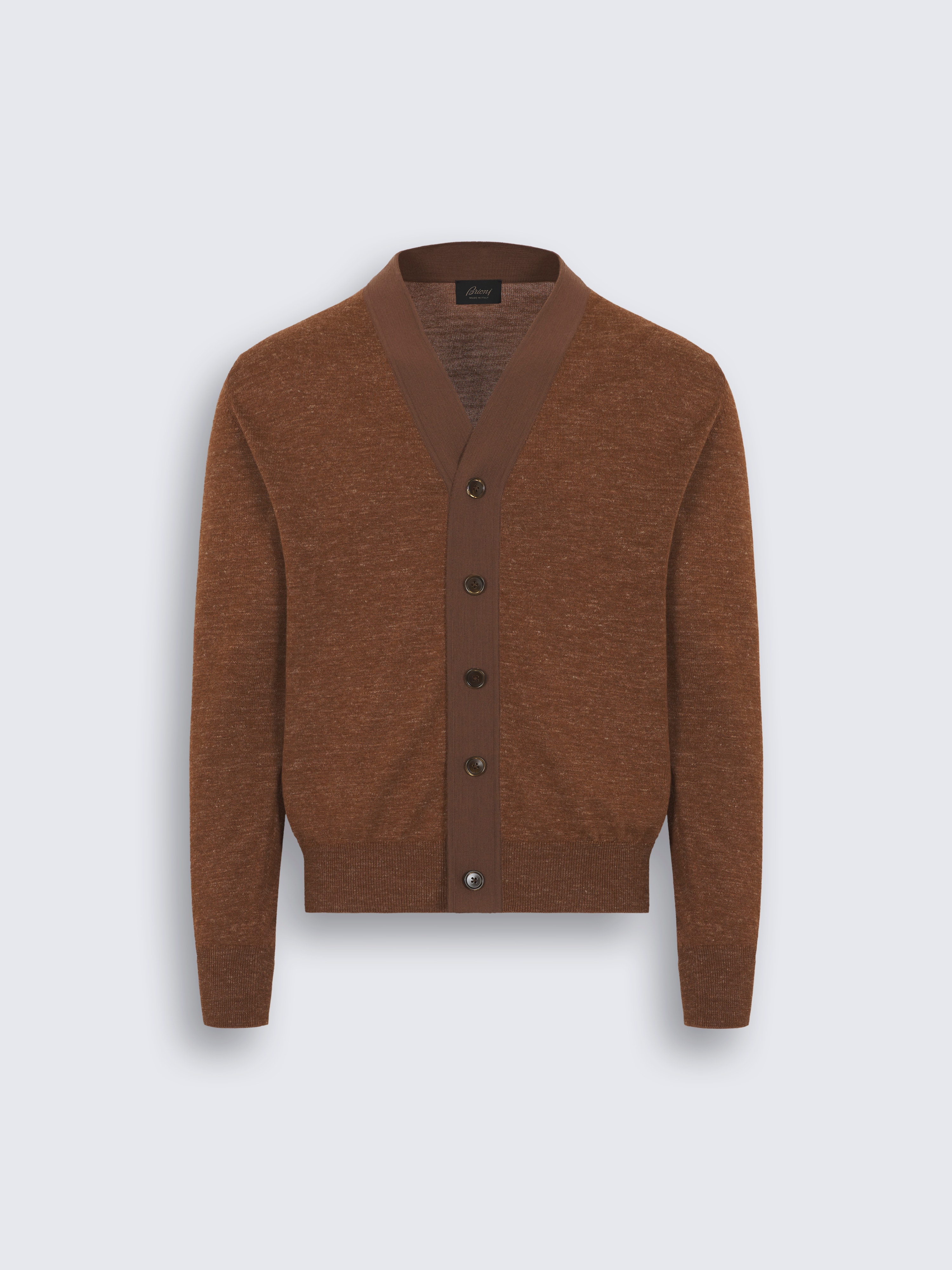 go toBurnt brown cashmere, wool, silk and hemp mouliné cardigan