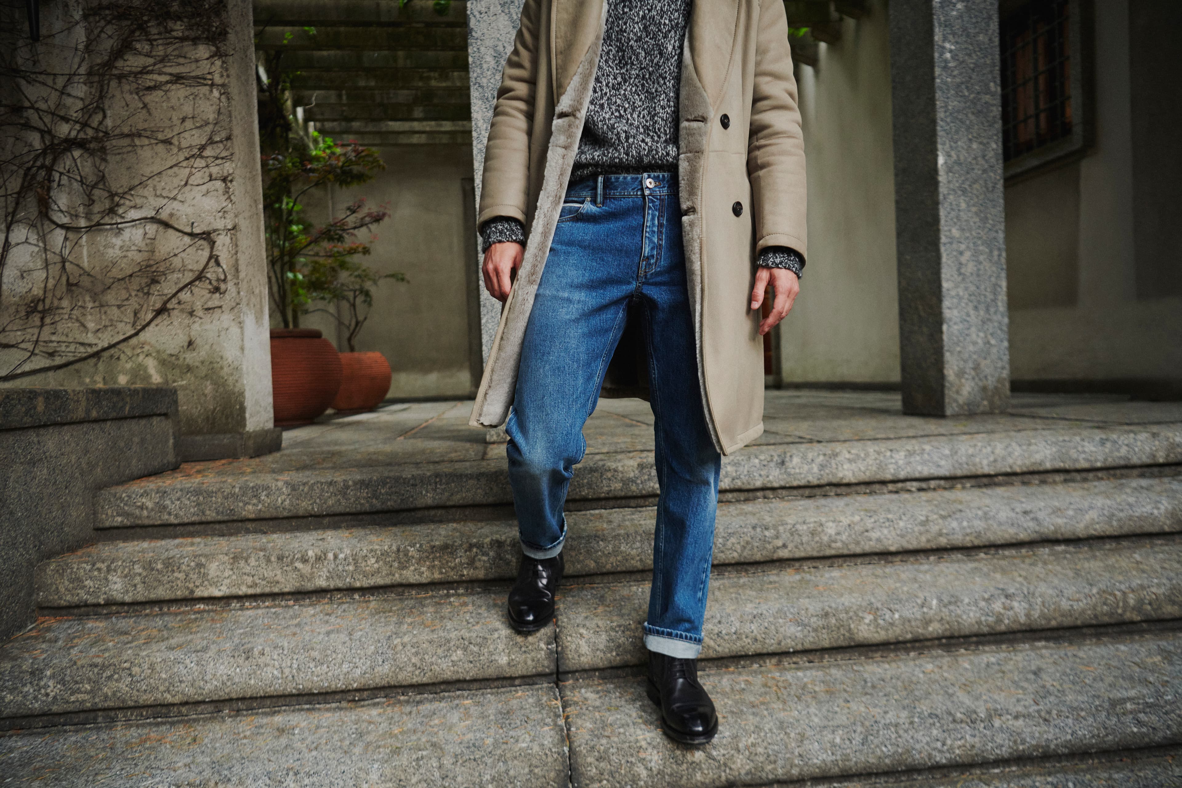 Model wearing Brioni selvedge denim jeans