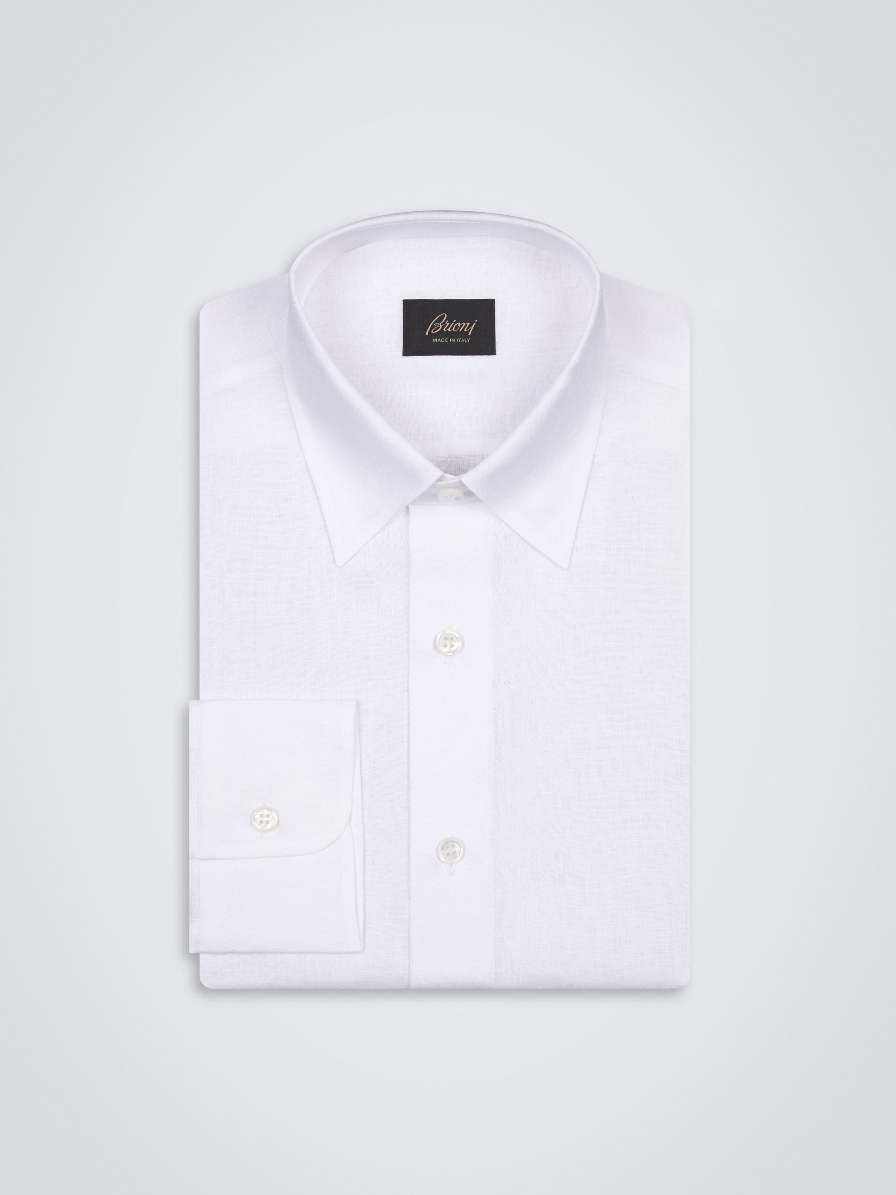 go toWhite linen hidden button-down shirt