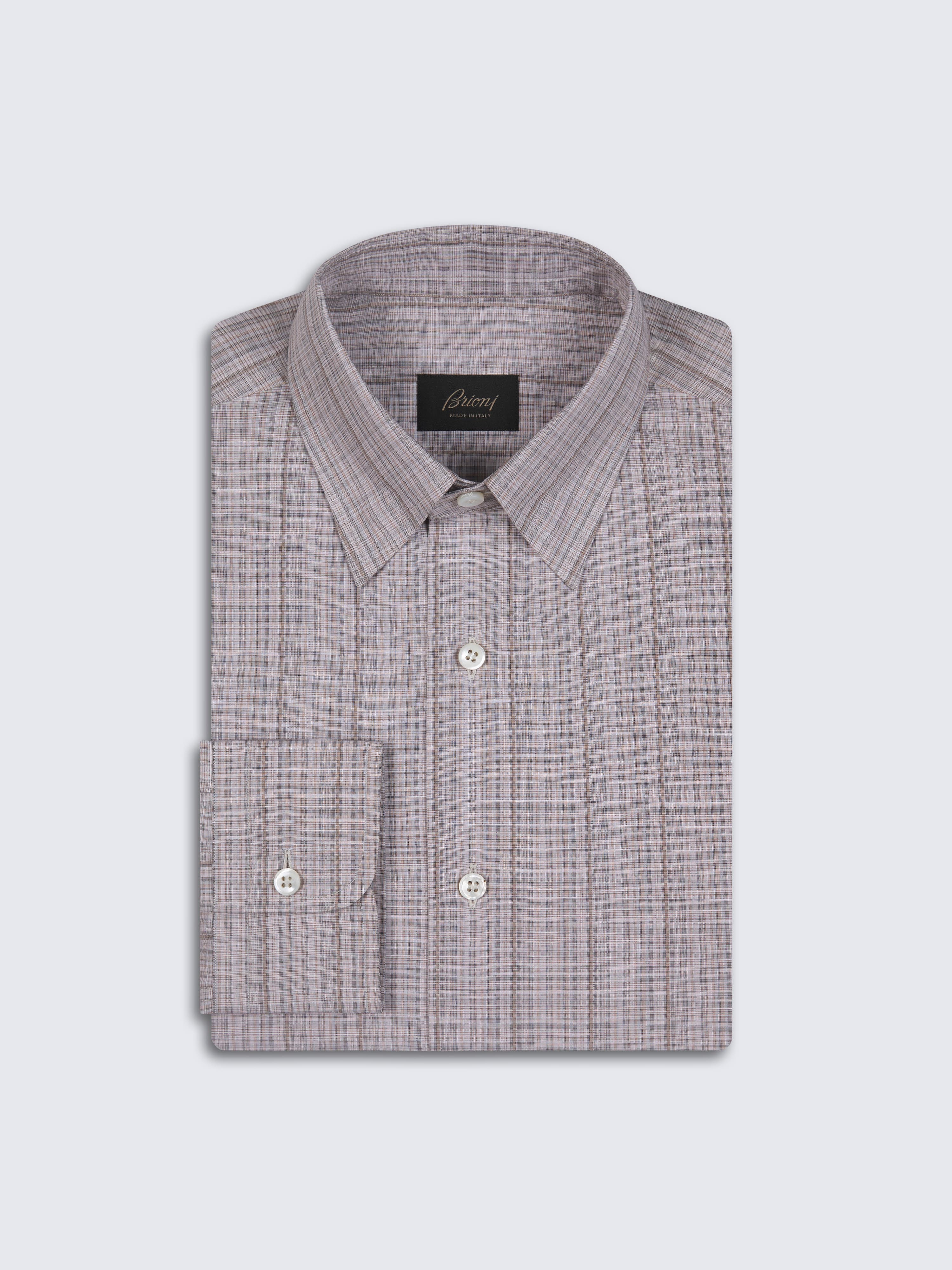 Beige and brown checked cotton hidden button-down shirt Beige and brown checked cotton hidden button-down shirt
