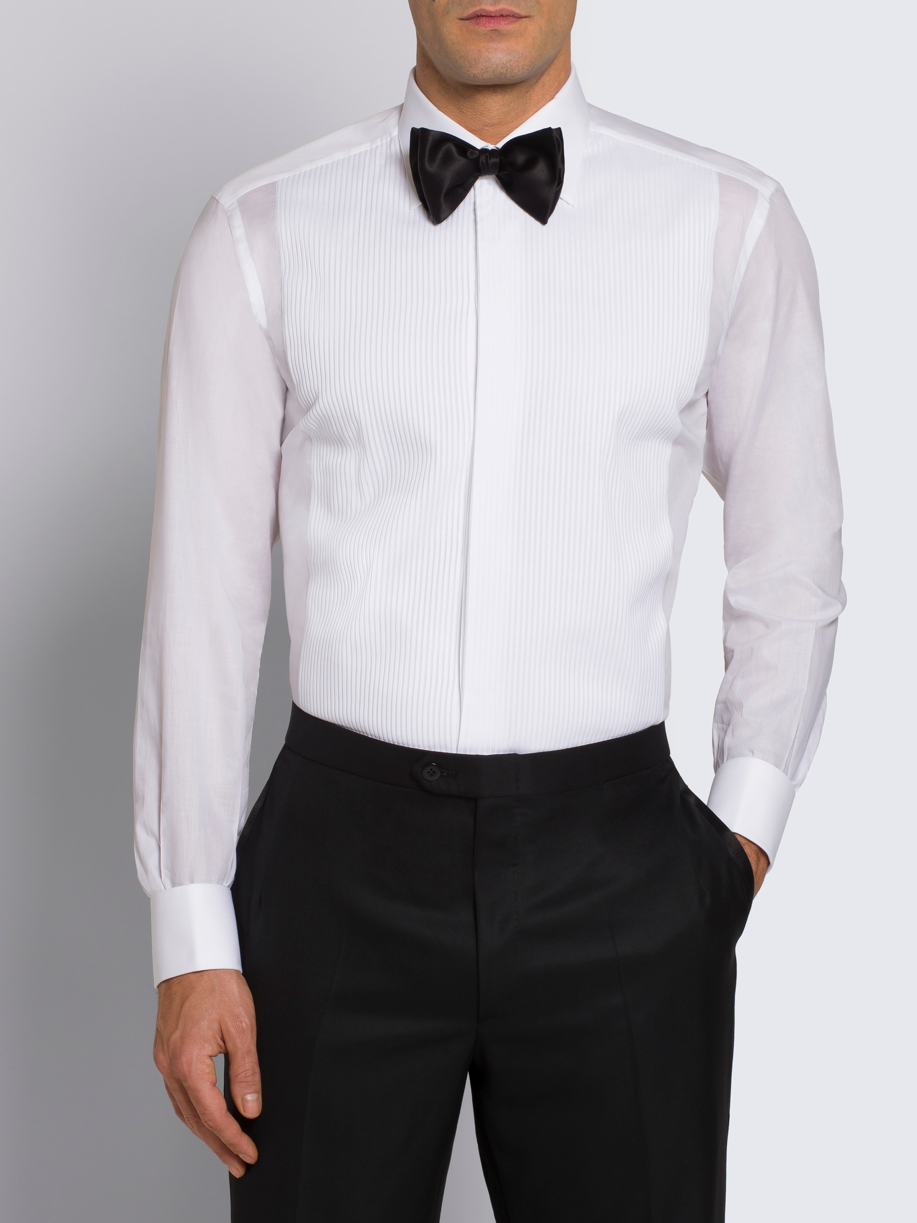 Essential white cotton French cuff evening shirt with plastron