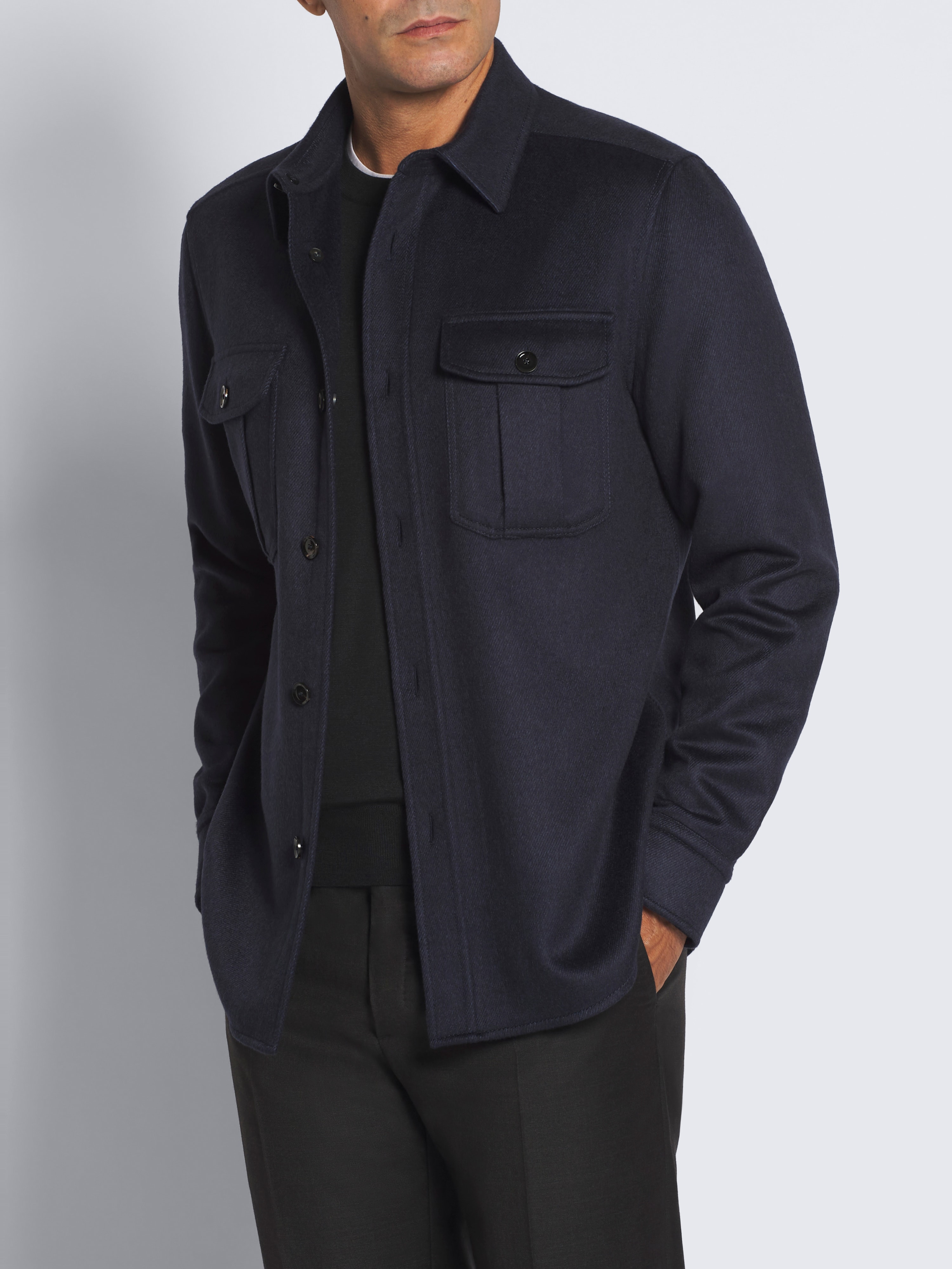 Giacca-camicia Vagabond blu navy in cashmere, seta e vigogna