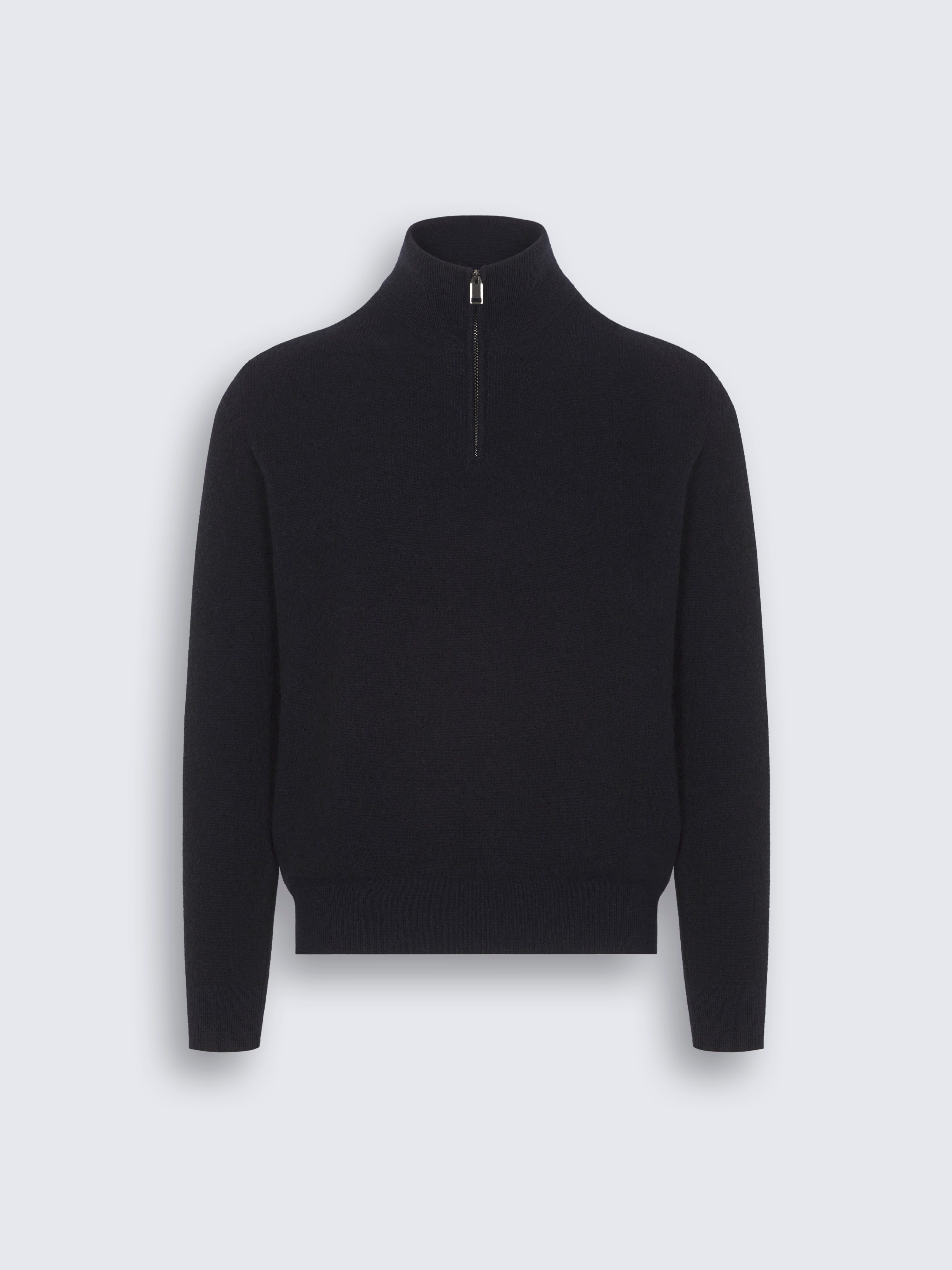 Maglione nero e blu navy in cashmere e lana con collo a lupetto e mezza zip